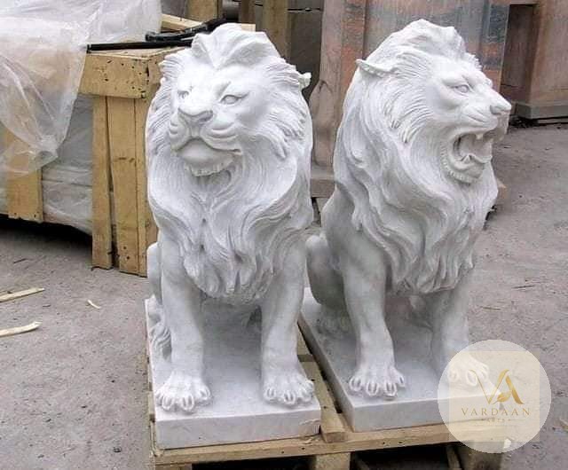 Roaring Lion Guardians — hand-carved Makrana marble Elephants & Lions for home by Vardaan Arts