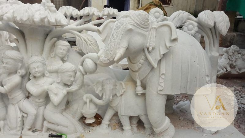 Royal Procession Elephant — hand-carved Makrana marble Elephants & Lions for home by Vardaan Arts