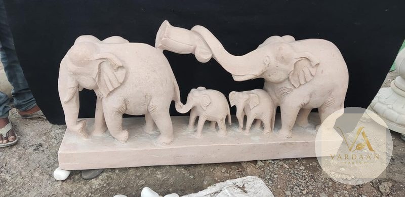 Sandstone Elephant Family — hand-carved Makrana marble Elephants & Lions for home by Vardaan Arts