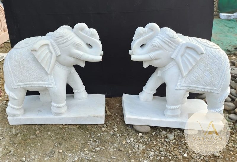 Trunk-Up Elephant Pair — hand-carved Makrana marble Elephants & Lions for home by Vardaan Arts