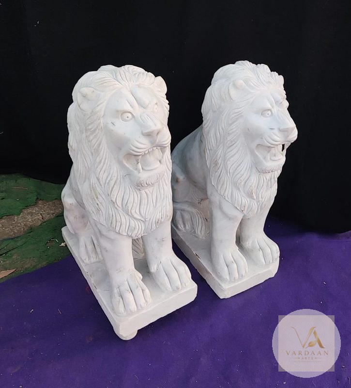 Standing Lion Guardians — hand-carved Makrana marble Elephants & Lions for home by Vardaan Arts
