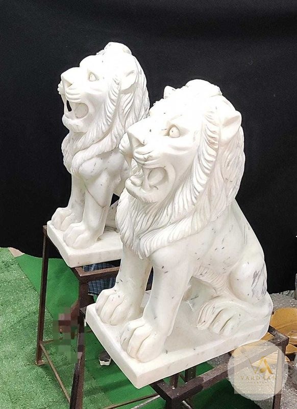 Roaring Simha Pair — hand-carved Makrana marble Elephants & Lions for home by Vardaan Arts