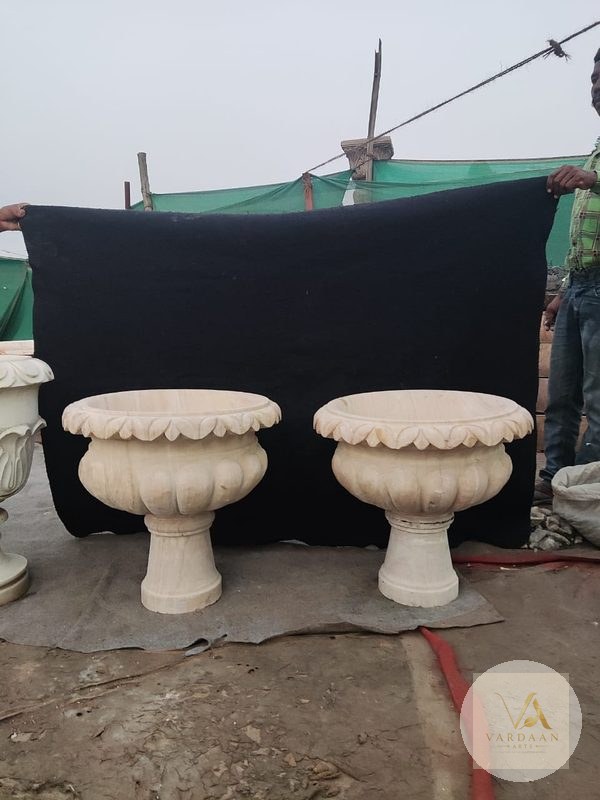 Grand Petal-Rim Planter Pair — hand-carved Makrana marble Flower Pots for home by Vardaan Arts
