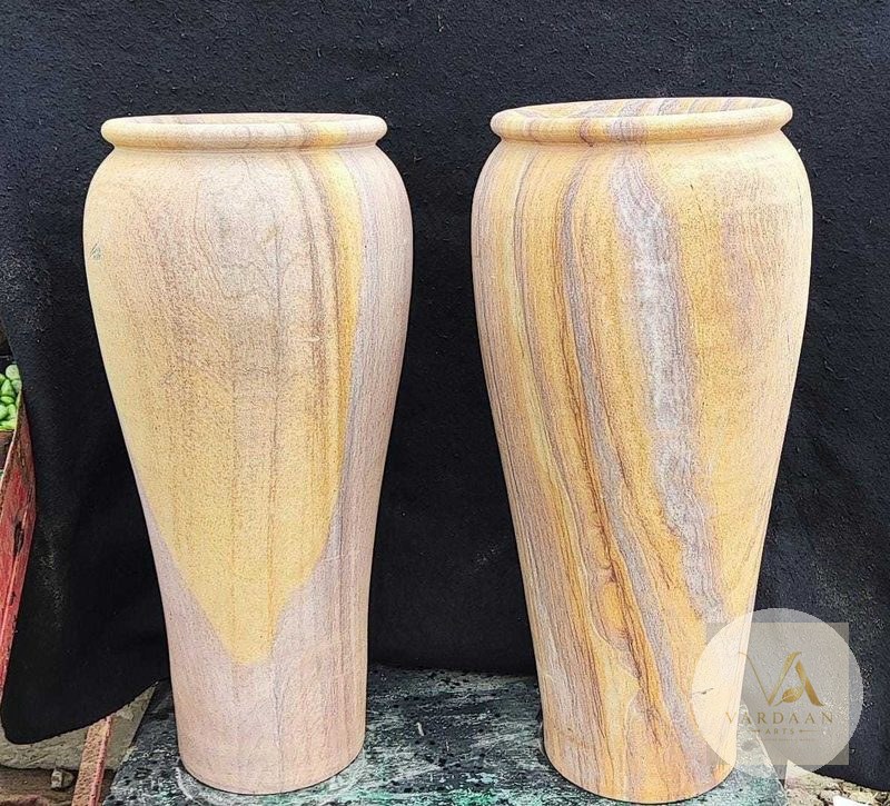 Tall Tapered Golden Planters — hand-carved Makrana marble Flower Pots for home by Vardaan Arts