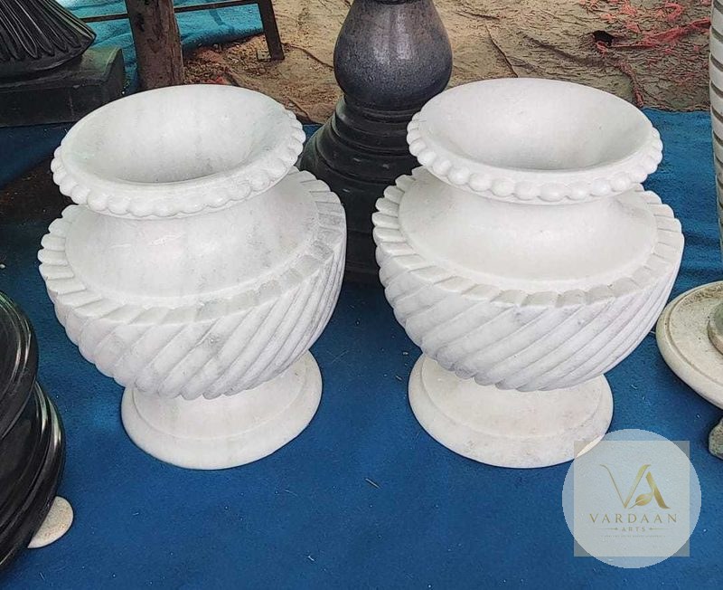 Swirl-Ribbed Marble Pot Pair — hand-carved Makrana marble Flower Pots for home by Vardaan Arts