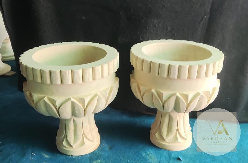 Lotus-Leaf Sandstone Pot Pair — hand-carved Makrana marble Flower Pots for home by Vardaan Arts