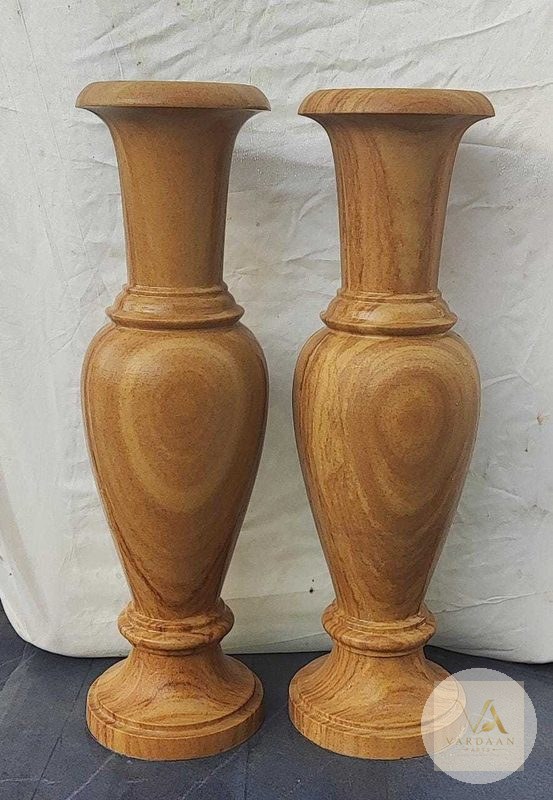 Golden Trumpet Vase Pair — hand-carved Makrana marble Flower Pots for home by Vardaan Arts