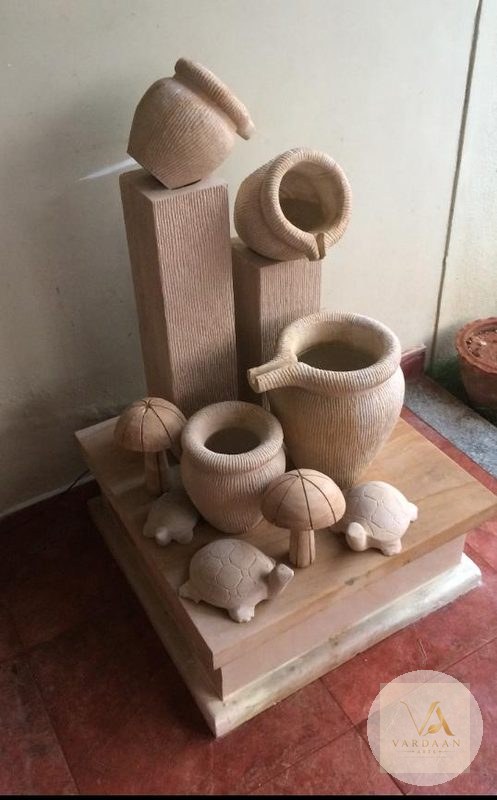 Rustic Matka & Turtle Fountain — hand-carved Makrana marble Fountains for home by Vardaan Arts