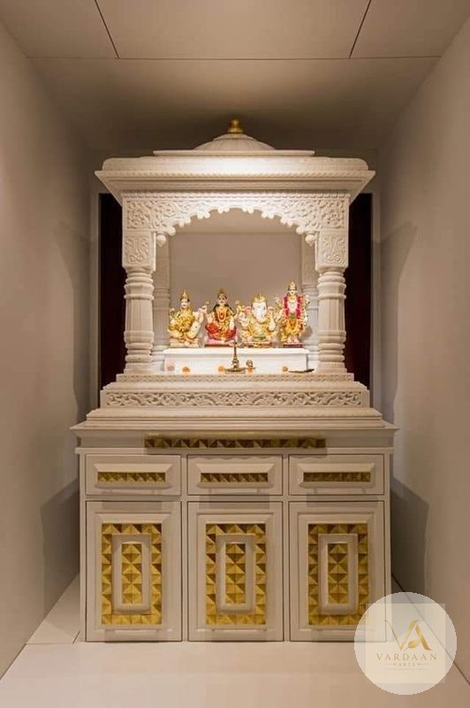 Gilded Cabinet Mandir — hand-carved Makrana marble Indoor Temples for home by Vardaan Arts