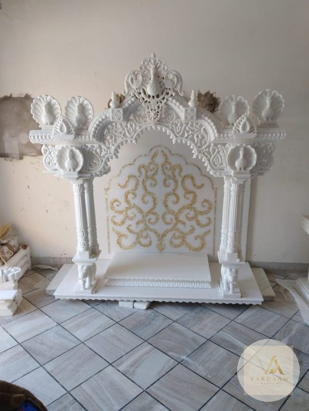 Royal Torana Backdrop Mandir — hand-carved Makrana marble Indoor Temples for home by Vardaan Arts