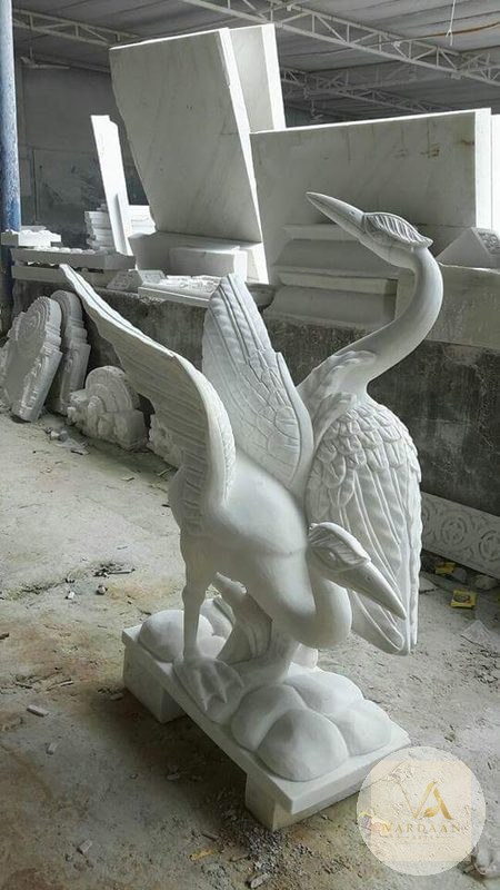 Twin Cranes Marble Sculpture — hand-carved Makrana marble Modern Art for home by Vardaan Arts