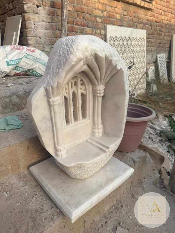 Gothic Window Rock Carving — hand-carved Makrana marble Roman Art & Sculpture for home by Vardaan Arts