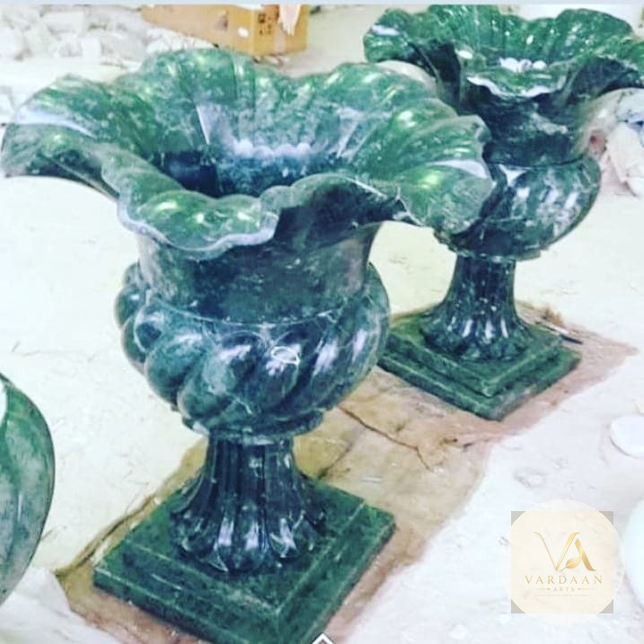 Green Marble Twin Urns — hand-carved Makrana marble Showpieces for home by Vardaan Arts