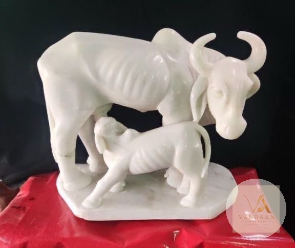 Kamadhenu Cow & Calf — hand-carved Makrana marble Statues for home by Vardaan Arts