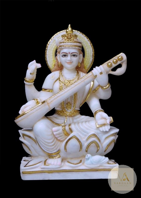 Maa Saraswati with Veena (Gold Finish) — hand-carved Makrana marble Statues for home by Vardaan Arts