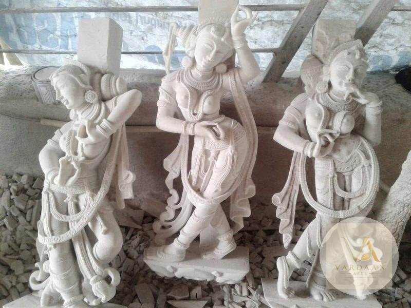 Dancing Apsara Trio — hand-carved Makrana marble Statues for home by Vardaan Arts