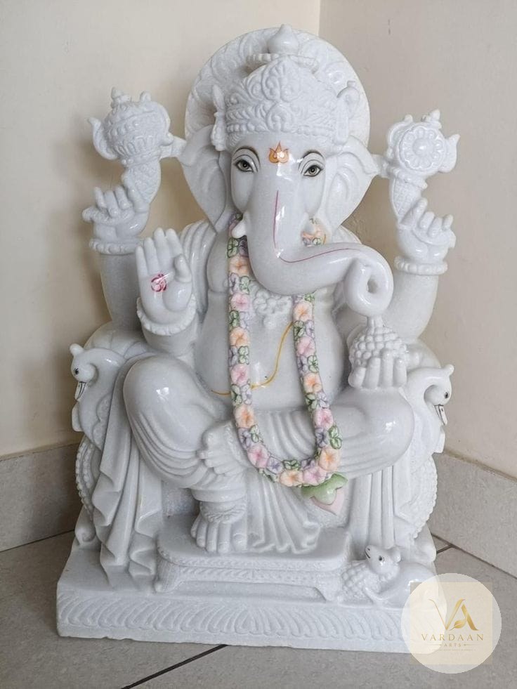 Maharaja Ganesh (Grand Seated) — hand-carved Makrana marble Statues for home by Vardaan Arts
