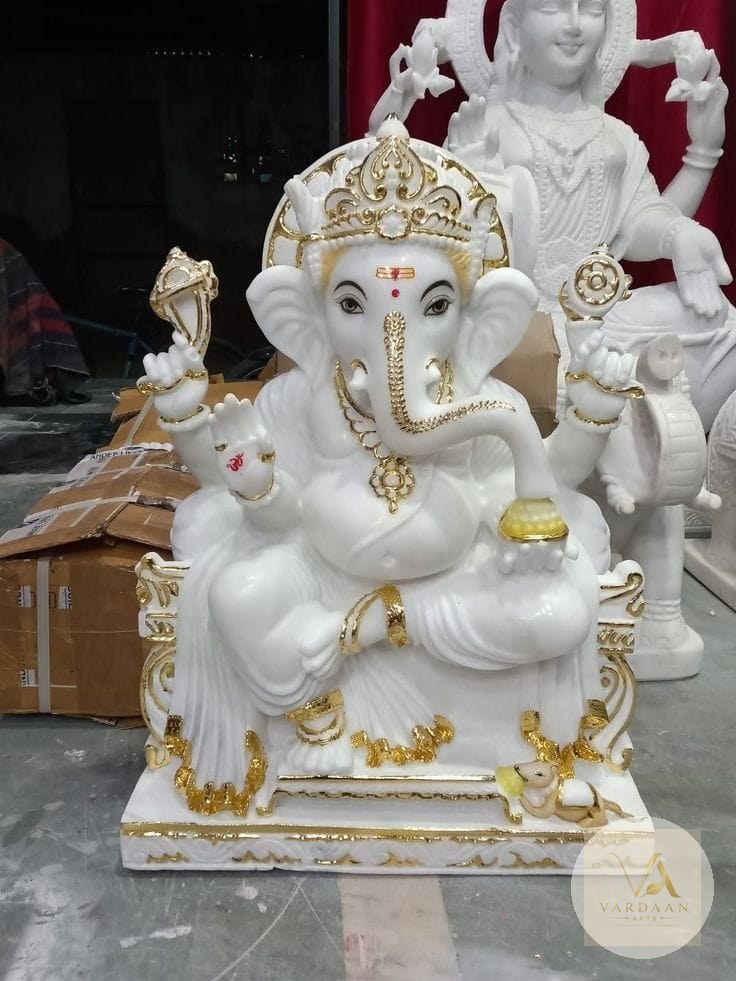 Shree Ganesh (Gold Ornament Finish) — hand-carved Makrana marble Statues for home by Vardaan Arts