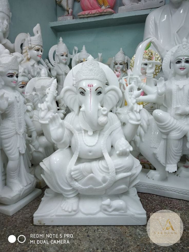 Classic White Seated Ganesh — hand-carved Makrana marble Statues for home by Vardaan Arts