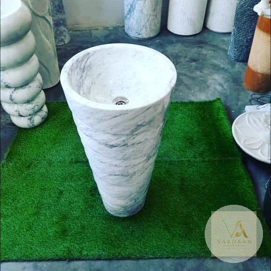 White Marble Pedestal Basin — hand-carved Makrana marble Wash Basins for home by Vardaan Arts