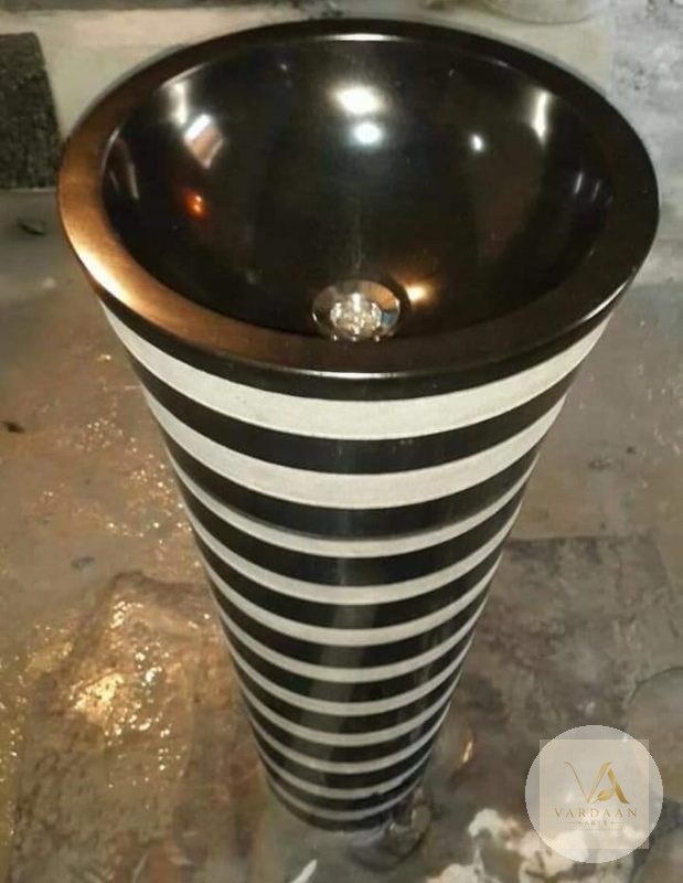 Striped Marble Pedestal with Copper Rim — hand-carved Makrana marble Wash Basins for home by Vardaan Arts