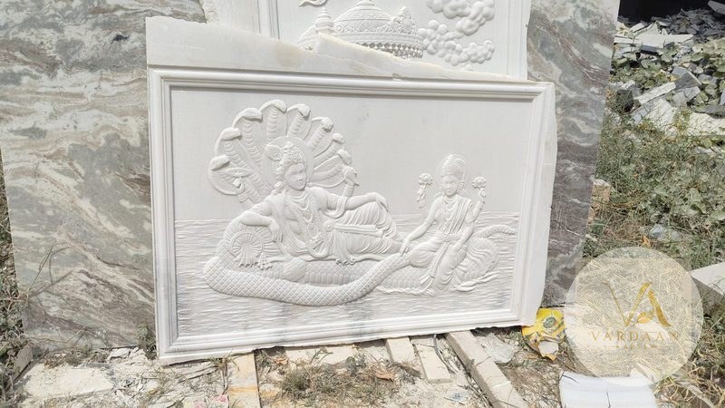 Sheshshayi Vishnu-Lakshmi Panel (4ft × 3ft) — hand-carved Makrana marble Wall Panels for home by Vardaan Arts