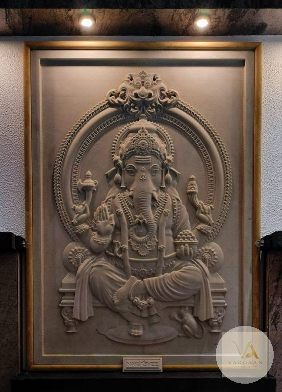 Framed Ganesha Relief Panel — hand-carved Makrana marble Wall Panels for home by Vardaan Arts