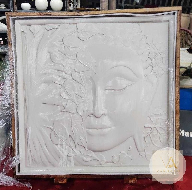 Buddha Leaf Face Panel — hand-carved Makrana marble Wall Panels for home by Vardaan Arts