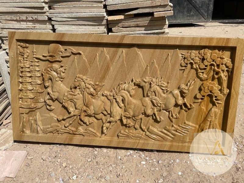Seven Running Horses Panel — hand-carved Makrana marble Wall Panels for home by Vardaan Arts